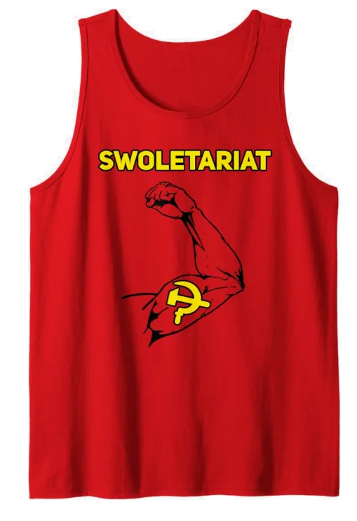 Red tank top with a flexed arm and a hammer and sickle