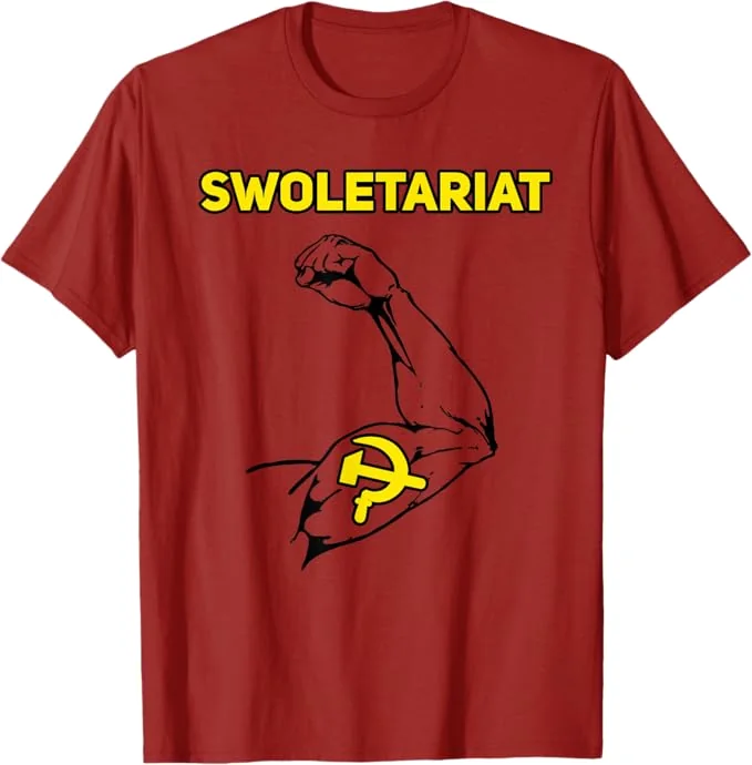Dark red t-shirt with a flexed arm and a hammer and sickle
