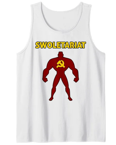 White tank top with a bodybuilder silhouette carrying a hammer and sickle