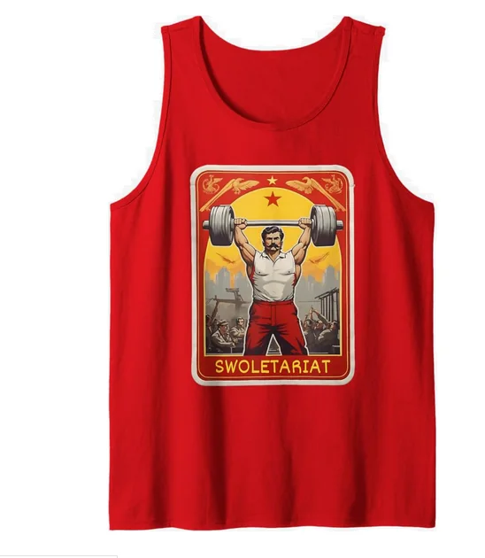 Red tank top with the Swoletariat Revolution weightlifter poster design