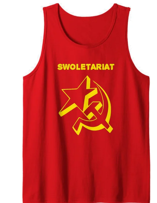 Red tank top with a star, hammer and sickle design