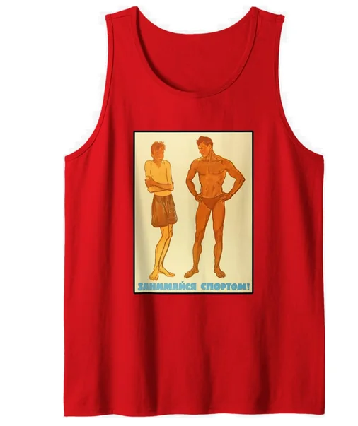 Red tank top with the Swoletariat Strength pop-art athletes design